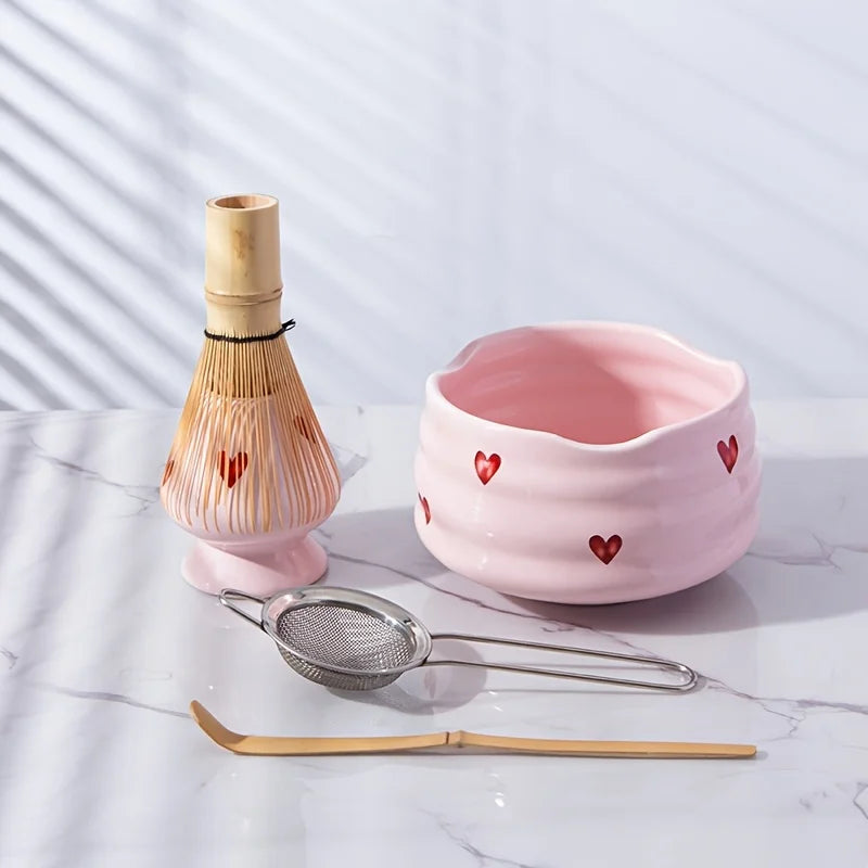 5Pcs Pink Heart Decal Ceramic Matcha Set, Cute Matcha Set Includes Matcha Bowl, Matcha Whisk and Holder, Bamboo Scoop, Sifter