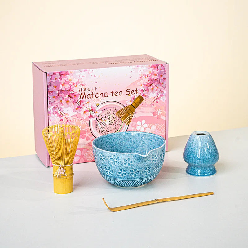 Matcha Tea Set Cherry Blossom Bamboo Matcha Whisk Set Ceramic Tea Bowl Traditional Japanese Tea Making Tools Home Gift