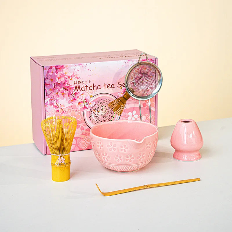 Matcha Tea Set Cherry Blossom Bamboo Matcha Whisk Set Ceramic Tea Bowl Traditional Japanese Tea Making Tools Home Gift