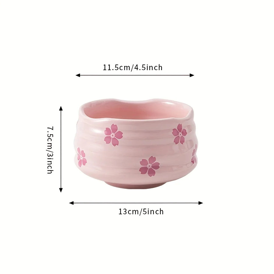 Pink Ceramic Matcha Bowl - Sakura/Heart Design, Artistic Japanese Style Tea Ceremony and Salad Bowl