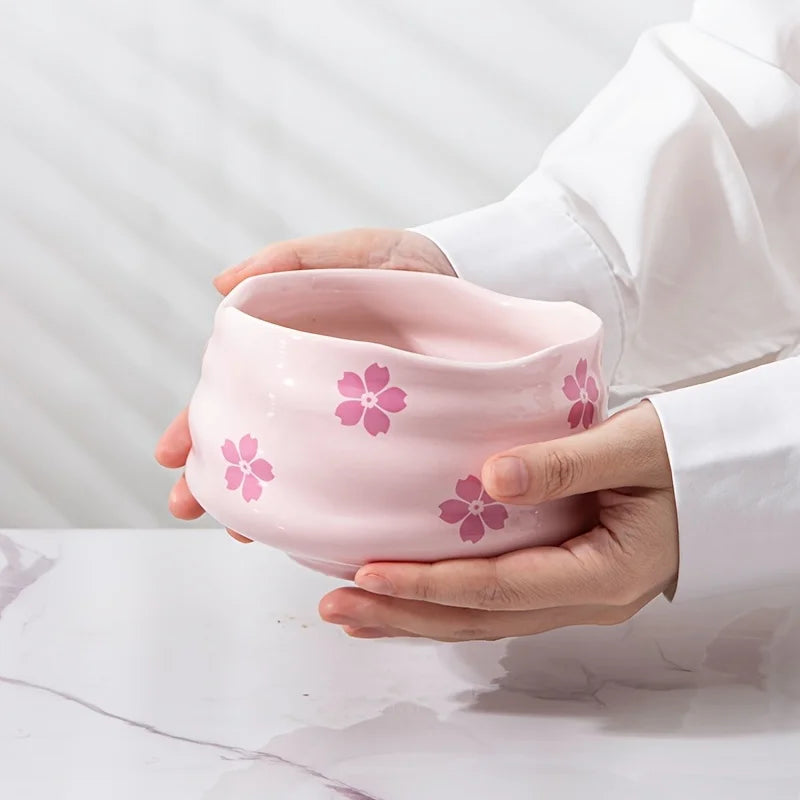 Pink Ceramic Matcha Bowl - Sakura/Heart Design, Artistic Japanese Style Tea Ceremony and Salad Bowl