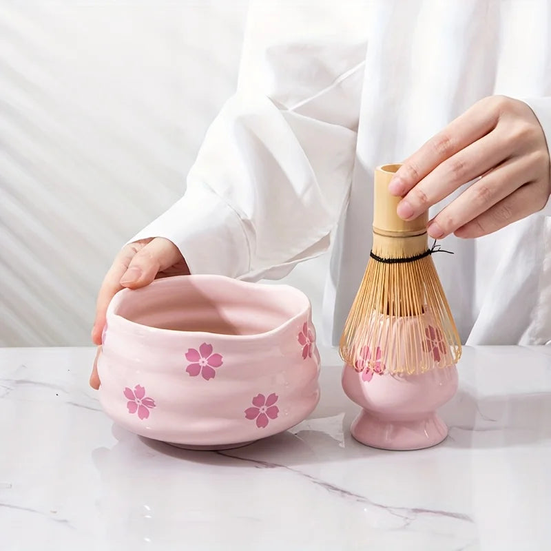 Pink Ceramic Matcha Bowl - Sakura/Heart Design, Artistic Japanese Style Tea Ceremony and Salad Bowl