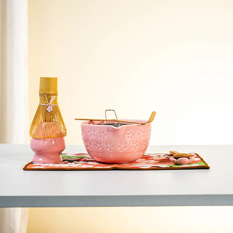 Matcha Tea Set Cherry Blossom Bamboo Matcha Whisk Set Ceramic Tea Bowl Traditional Japanese Tea Making Tools Home Gift
