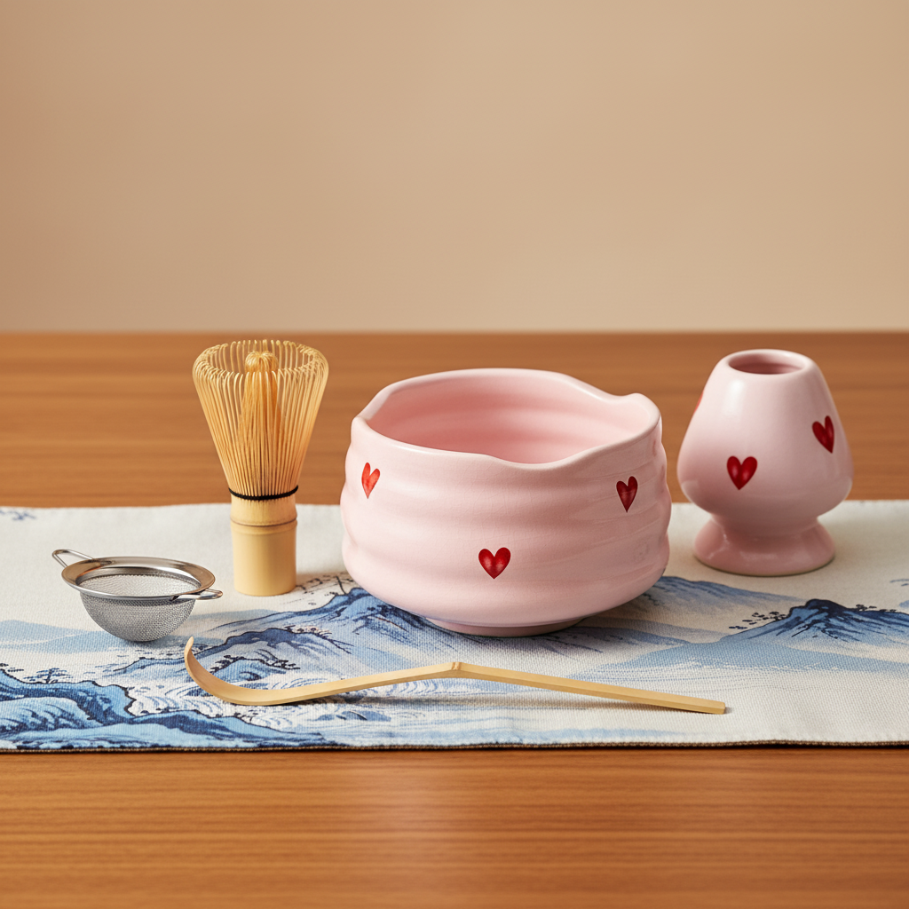 Coffret de 5 accessoires à Matcha en Céramique Rose – Élégant Motif cœur