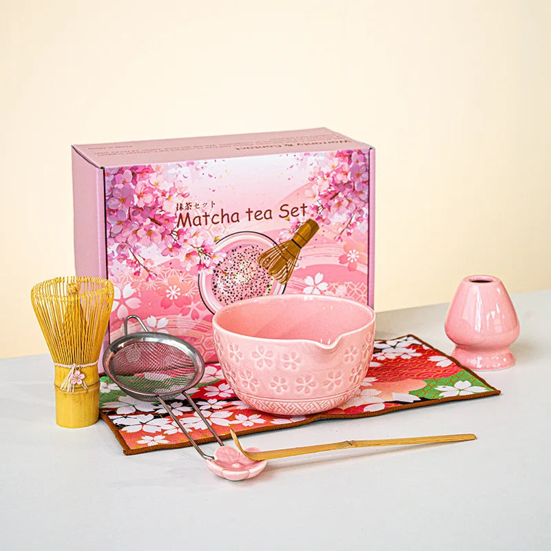Matcha Tea Set Cherry Blossom Bamboo Matcha Whisk Set Ceramic Tea Bowl Traditional Japanese Tea Making Tools Home Gift