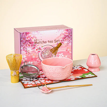 Matcha Tea Set Cherry Blossom Bamboo Matcha Whisk Set Ceramic Tea Bowl Traditional Japanese Tea Making Tools Home Gift