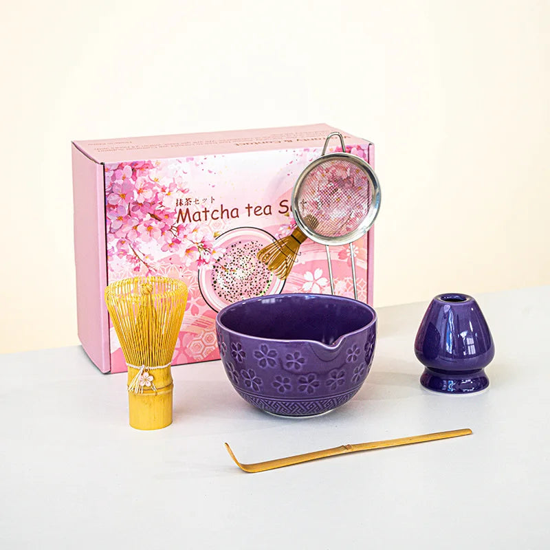 Matcha Tea Set Cherry Blossom Bamboo Matcha Whisk Set Ceramic Tea Bowl Traditional Japanese Tea Making Tools Home Gift