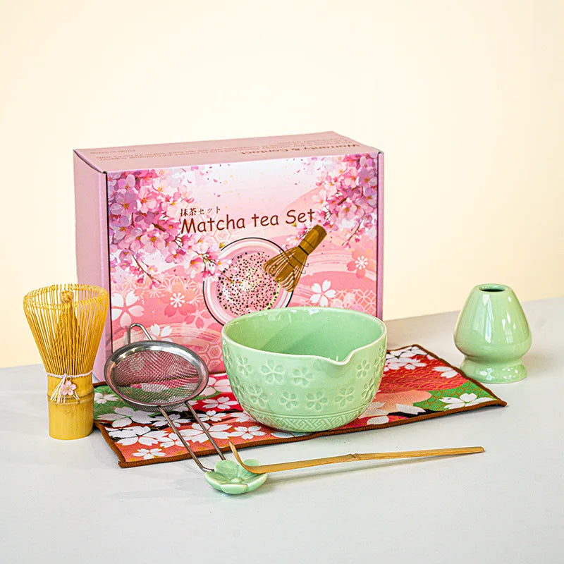 Matcha Tea Set Cherry Blossom Bamboo Matcha Whisk Set Ceramic Tea Bowl Traditional Japanese Tea Making Tools Home Gift