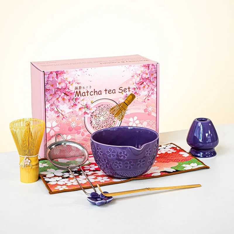 Matcha Tea Set Cherry Blossom Bamboo Matcha Whisk Set Ceramic Tea Bowl Traditional Japanese Tea Making Tools Home Gift