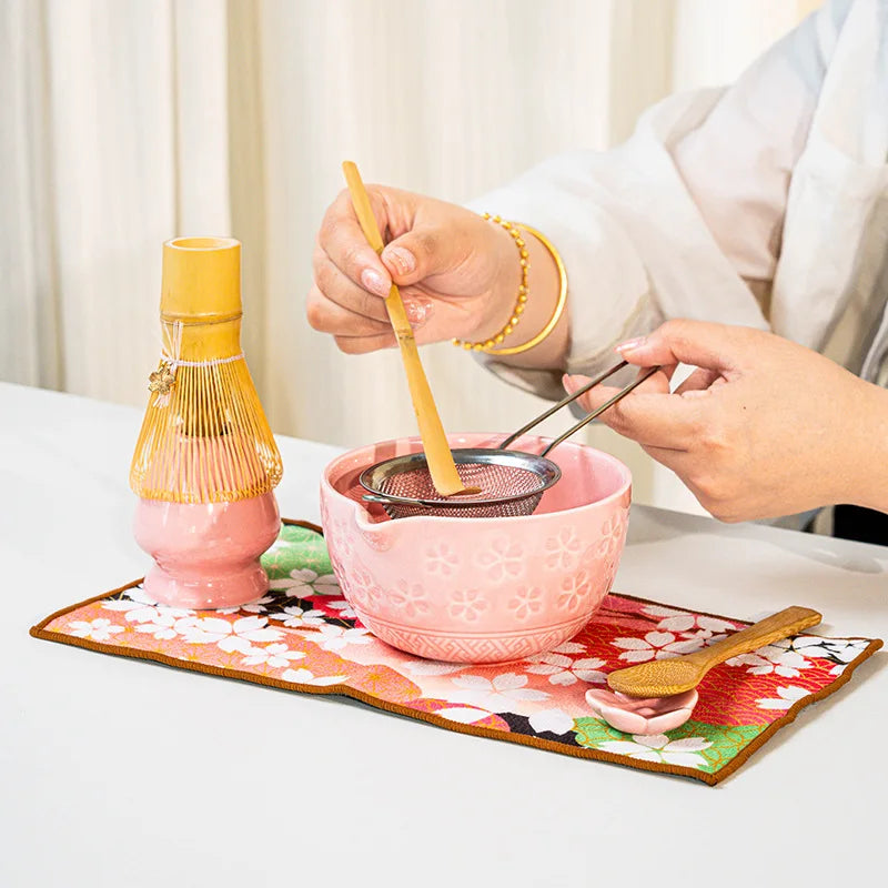 Matcha Tea Set Cherry Blossom Bamboo Matcha Whisk Set Ceramic Tea Bowl Traditional Japanese Tea Making Tools Home Gift