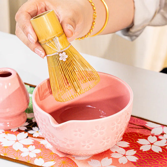 Matcha Tea Set Cherry Blossom Bamboo Matcha Whisk Set Ceramic Tea Bowl Traditional Japanese Tea Making Tools Home Gift