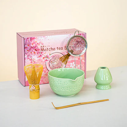 Matcha Tea Set Cherry Blossom Bamboo Matcha Whisk Set Ceramic Tea Bowl Traditional Japanese Tea Making Tools Home Gift