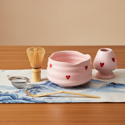 Set of 5 Pink Ceramic Matcha Accessories – Elegant Heart Design